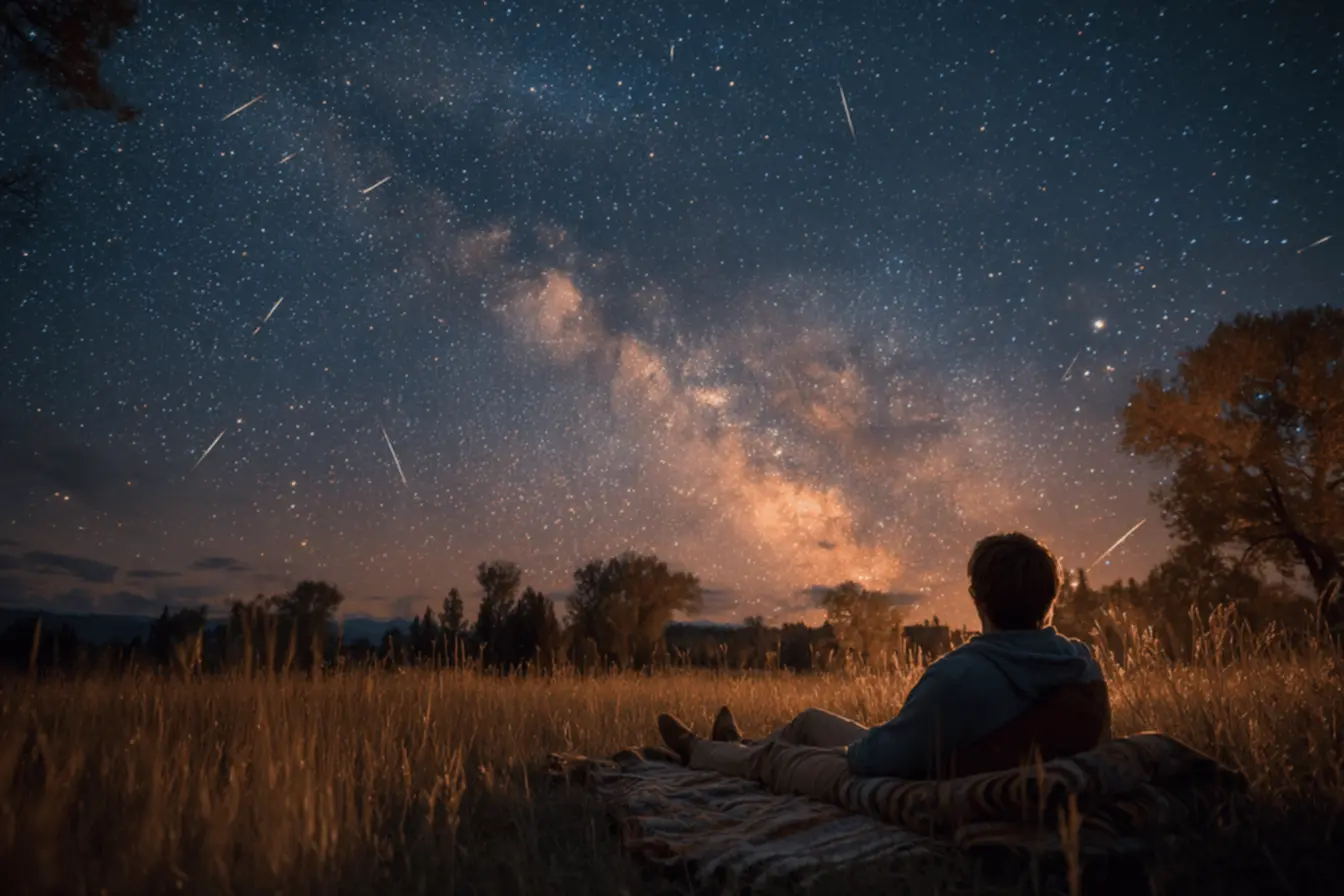 Meteor shower in the night sky