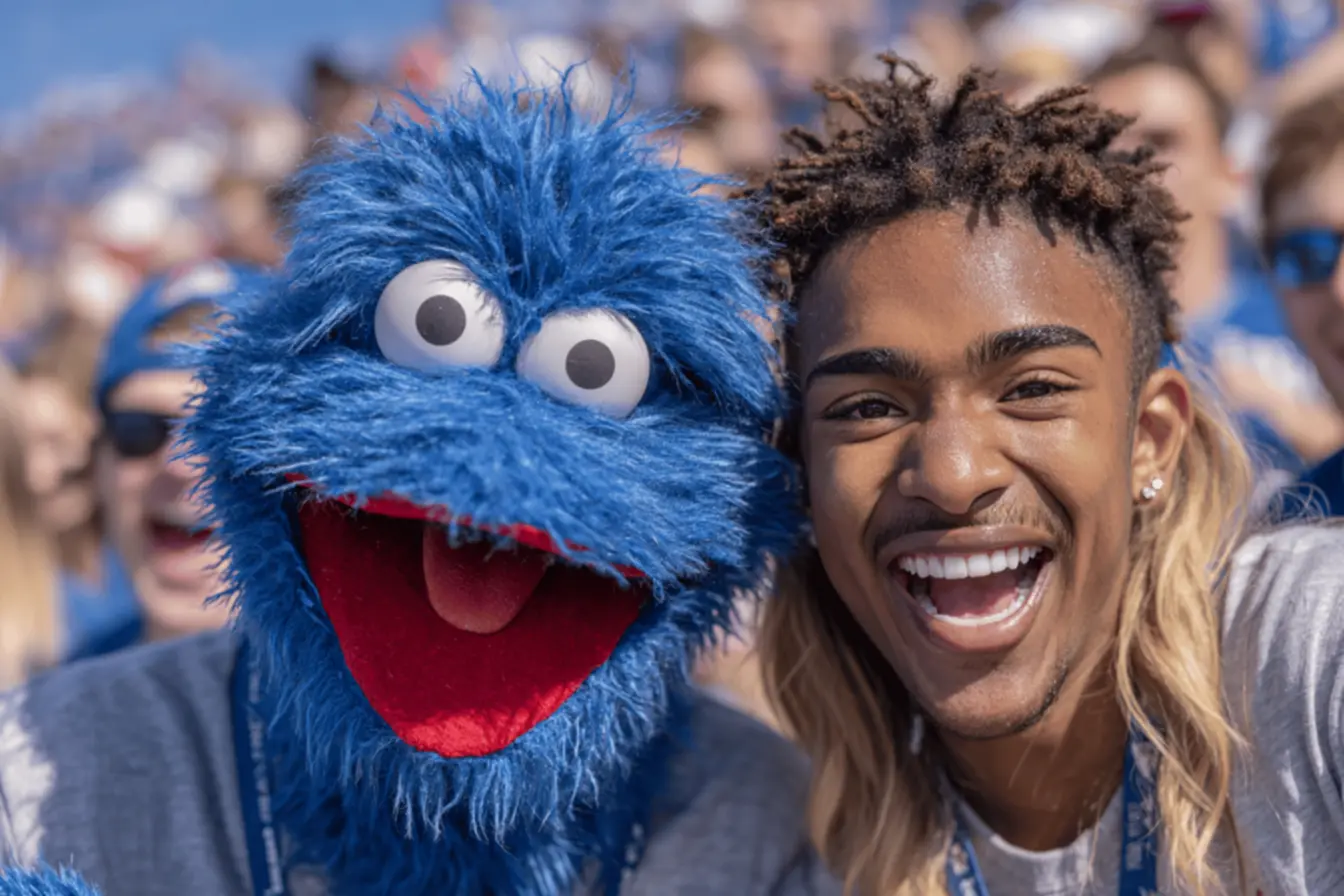 Big Jay and Baby Jay interacting with fans at a game, university of kansas mascot