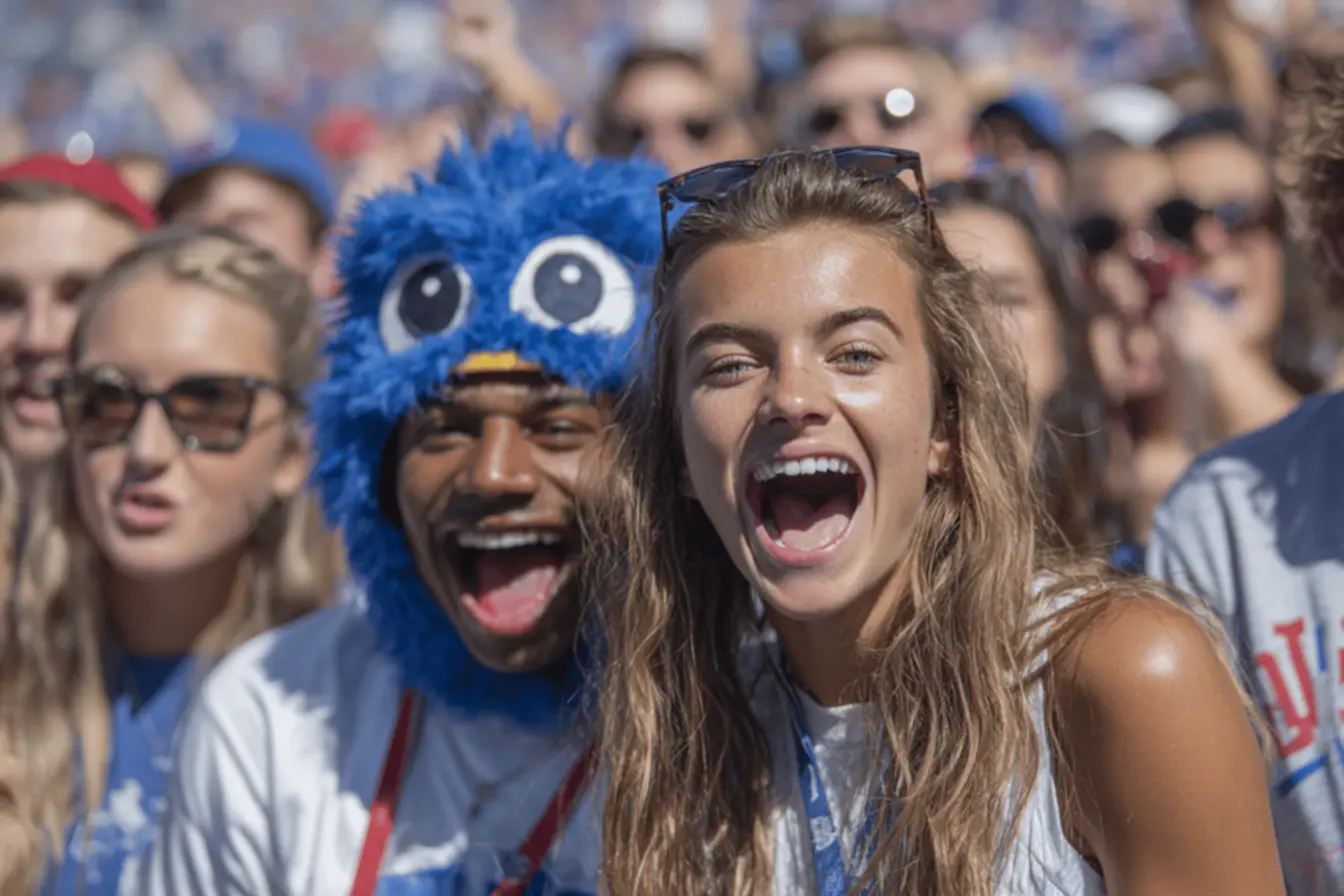 The iconic Jayhawk logo in blue and crimson, university of kansas mascot