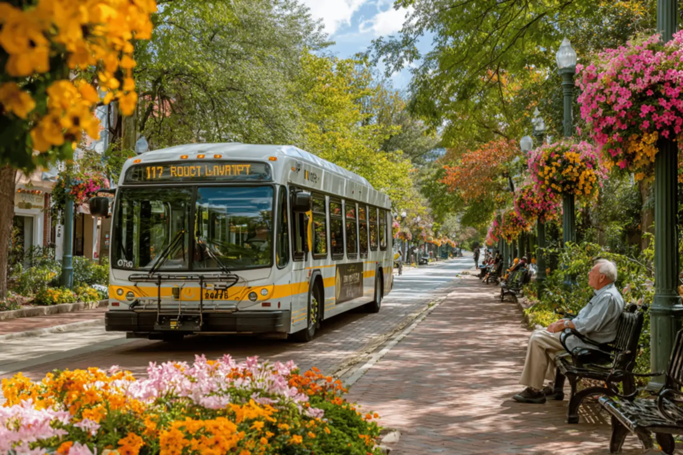 A University of Boulevard bus in motion on a busy road.