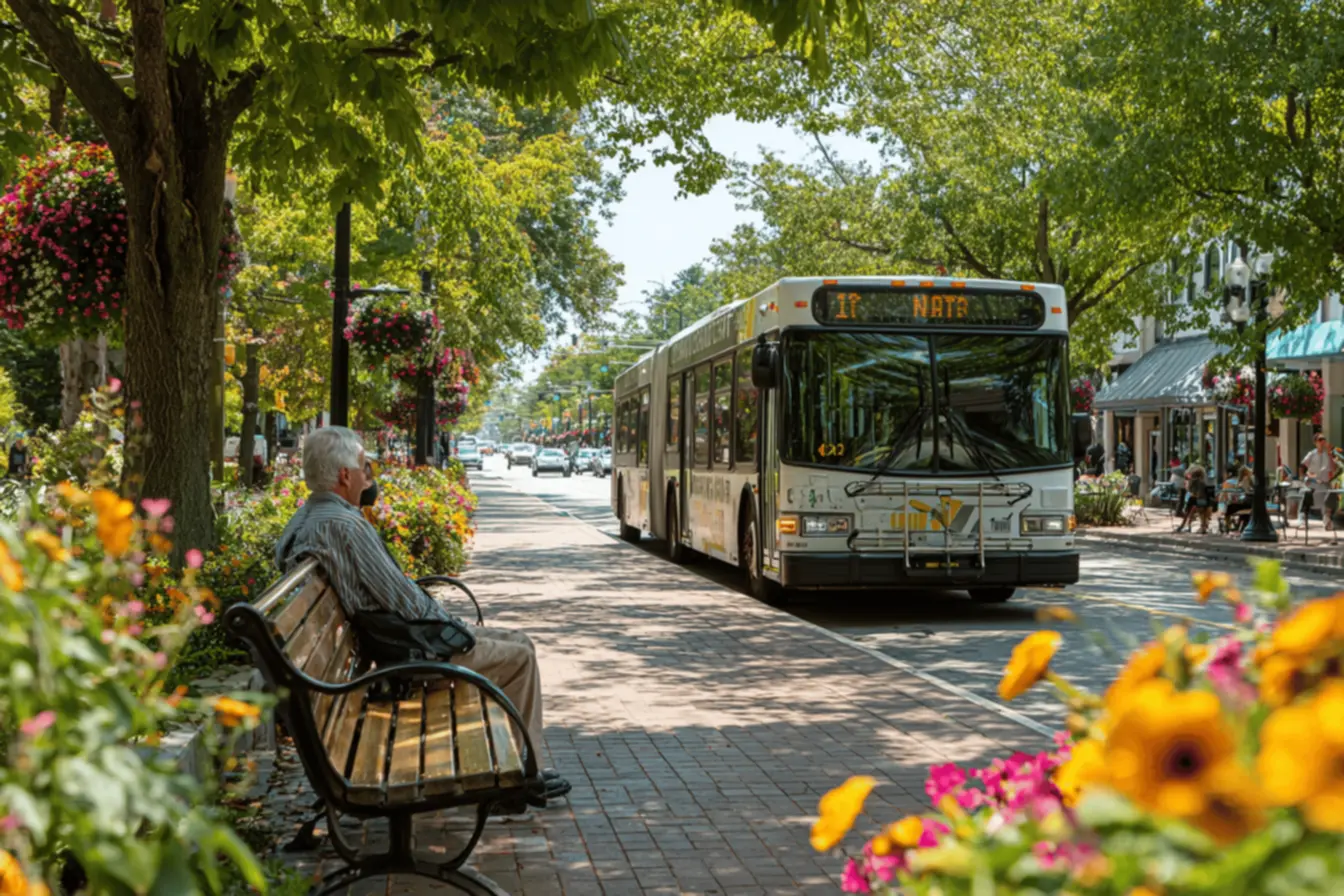 A modern public transit bus on the university of boulevard, looking towards the future.